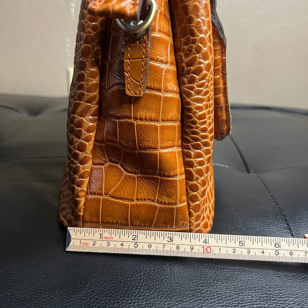 Patricia Nash Cognac Brown Crocodile Embossed Satchel Handbag & Pouch Crossbody